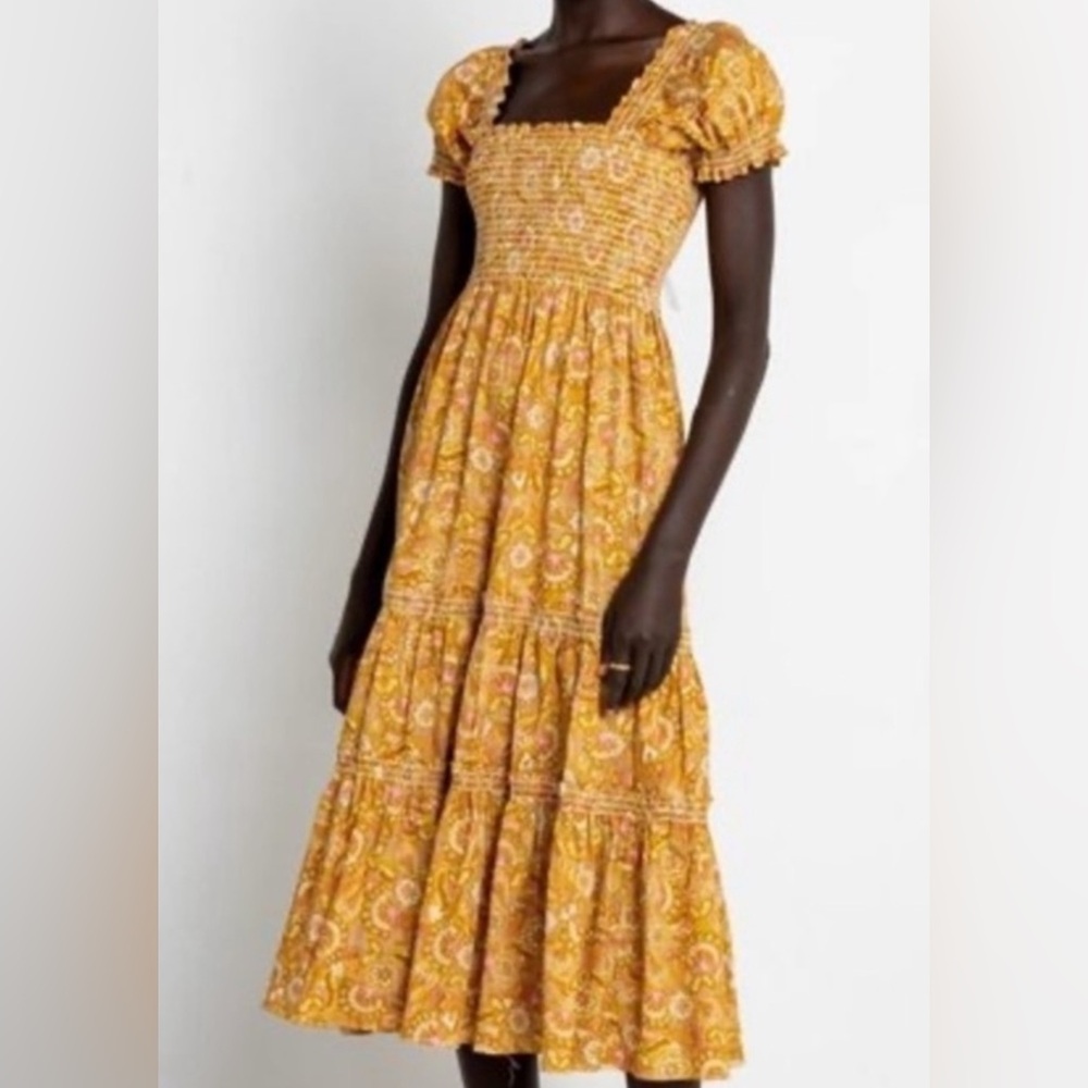 OPT Yellow Smocked Tiered Sundress with Flutter Sleeves Size XS